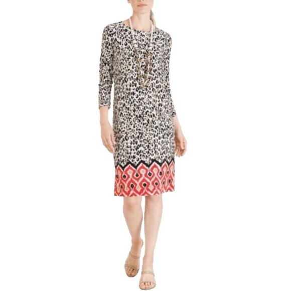 Chicos Shift Dress 2 Large 12 14 Cream Brown Black Red Animal Print Stretch - Picture 1 of 12
